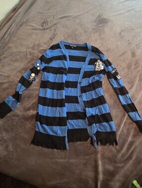 Current Mood Blue Black Striped Cardigan Patch Accents Gothic Prep School Goth M